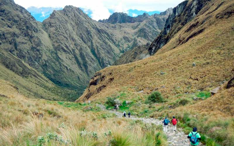 Hikers tackling the steep stone steps of Dead Woman's Pass on the Classic Inca Trail